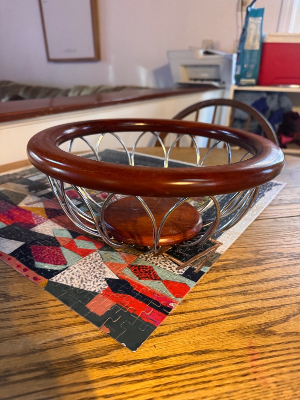 Vintage Retro Wood and Metal Fruit Bowl, Light Brown Wood Base and Rim connected